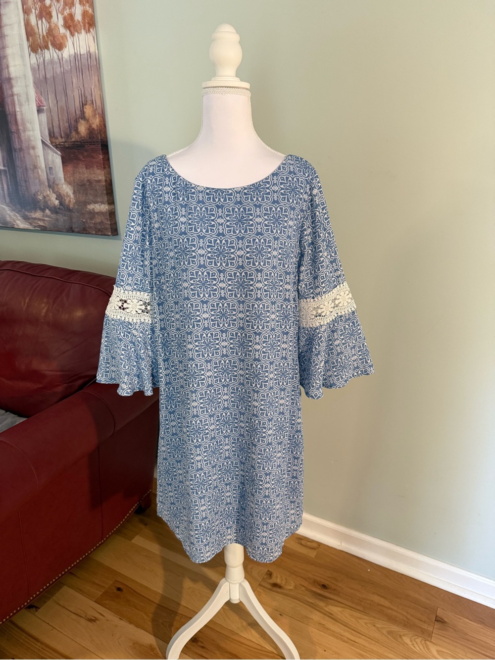Luxology Blue and White Patterned Bell Sleeve Dress Size 10